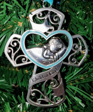 Baby boy cross ornament silver child of god 4"