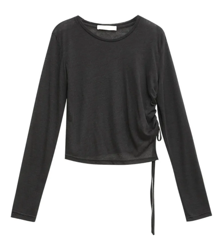 [Korean Style] Crew Neck Drawstring See-through Long Sleeve Top