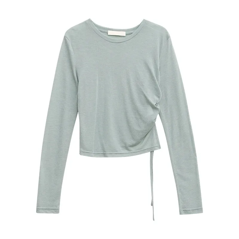 [Korean Style] Crew Neck Drawstring See-through Long Sleeve Top