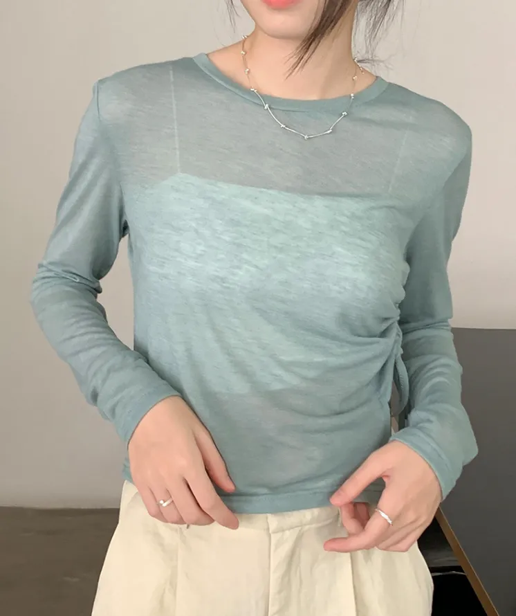 [Korean Style] Crew Neck Drawstring See-through Long Sleeve Top