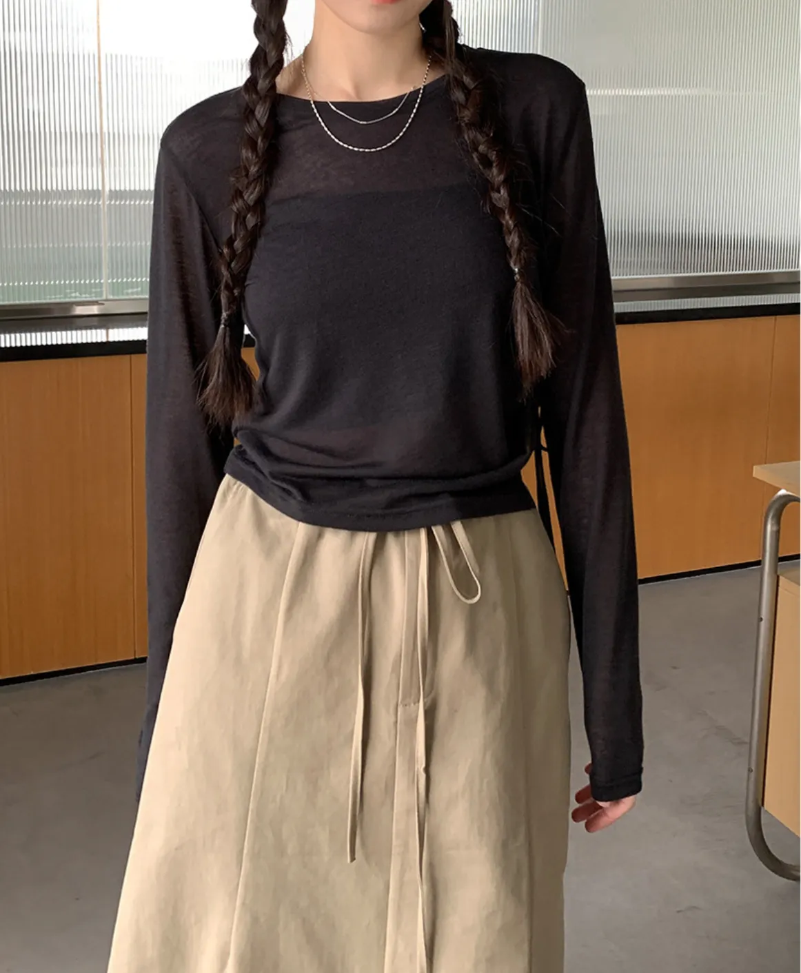 [Korean Style] Crew Neck Drawstring See-through Long Sleeve Top