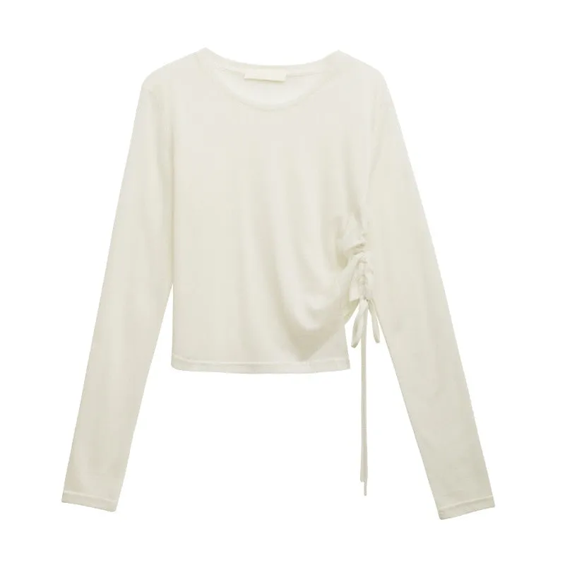 [Korean Style] Crew Neck Drawstring See-through Long Sleeve Top