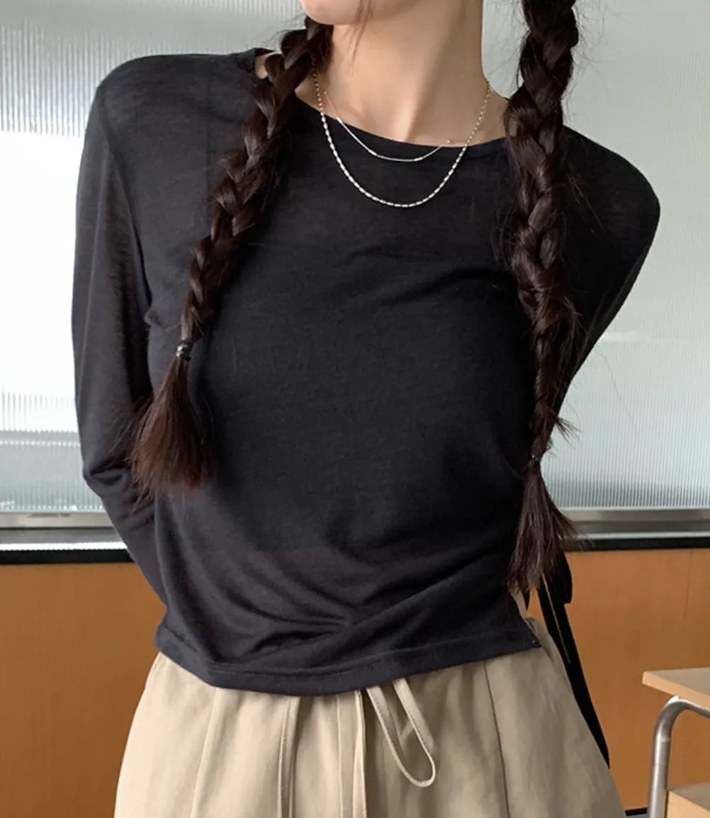 [Korean Style] Crew Neck Drawstring See-through Long Sleeve Top