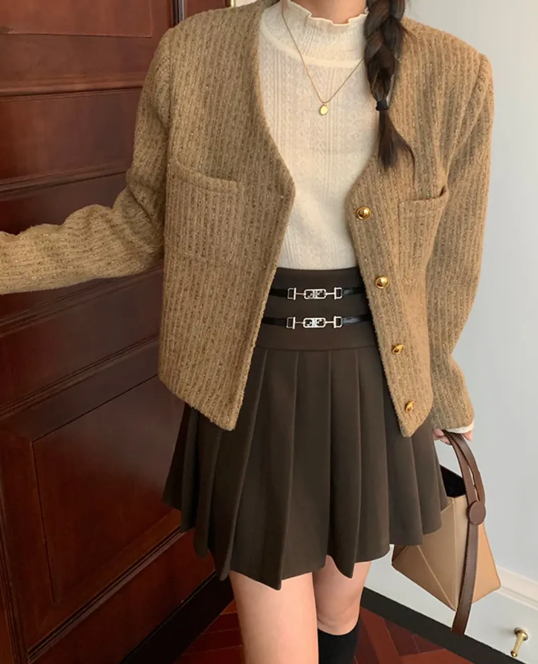 [Korean Style] Khaki Loose Fit Cropped Collarless Jacket