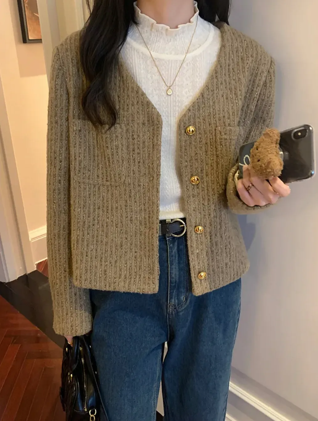 [Korean Style] Khaki Loose Fit Cropped Collarless Jacket