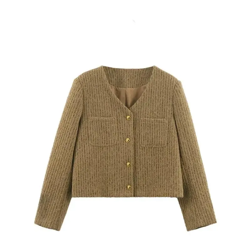 [Korean Style] Khaki Loose Fit Cropped Collarless Jacket