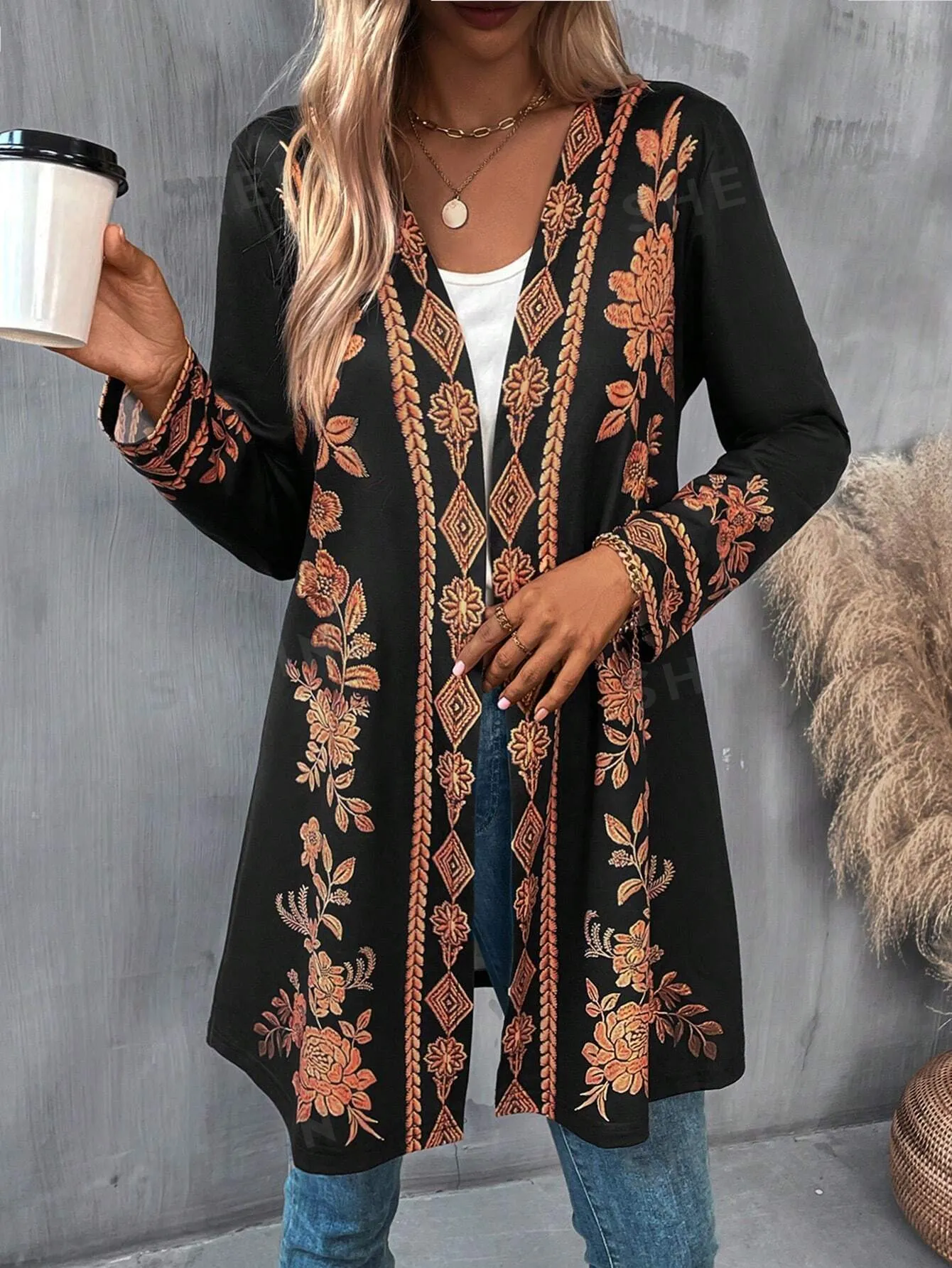 LUNE Floral Print Open Front Coat