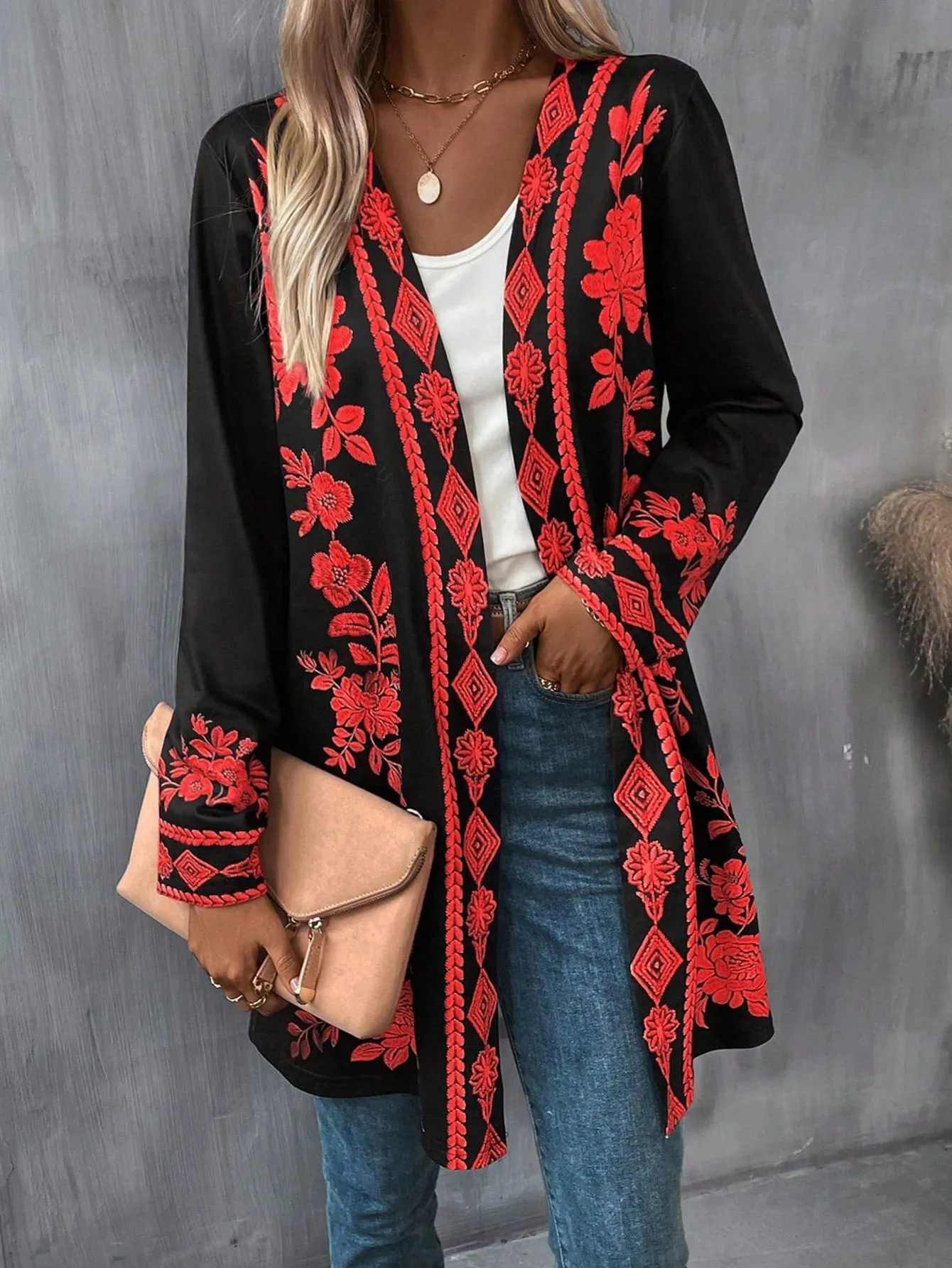 LUNE Floral Print Open Front Coat