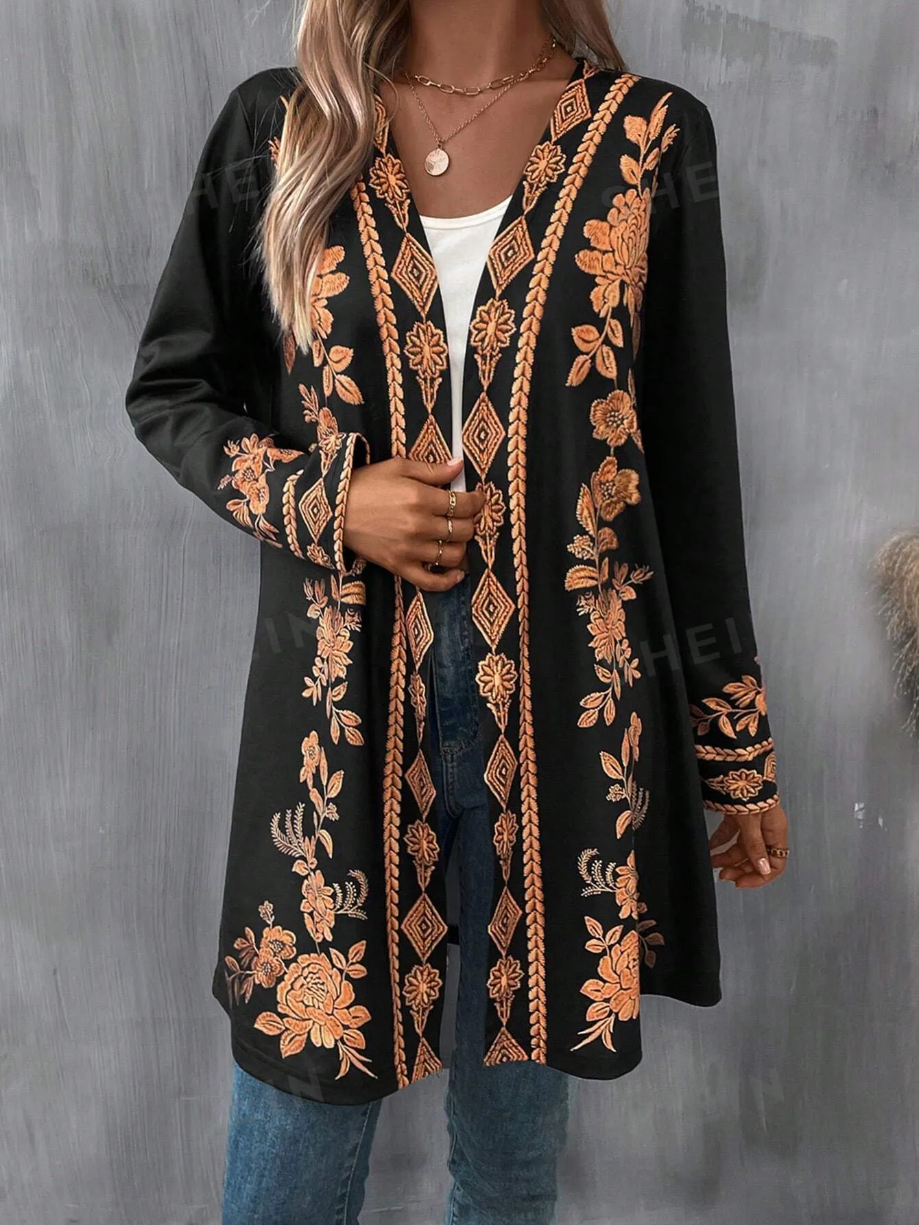 LUNE Floral Print Open Front Coat