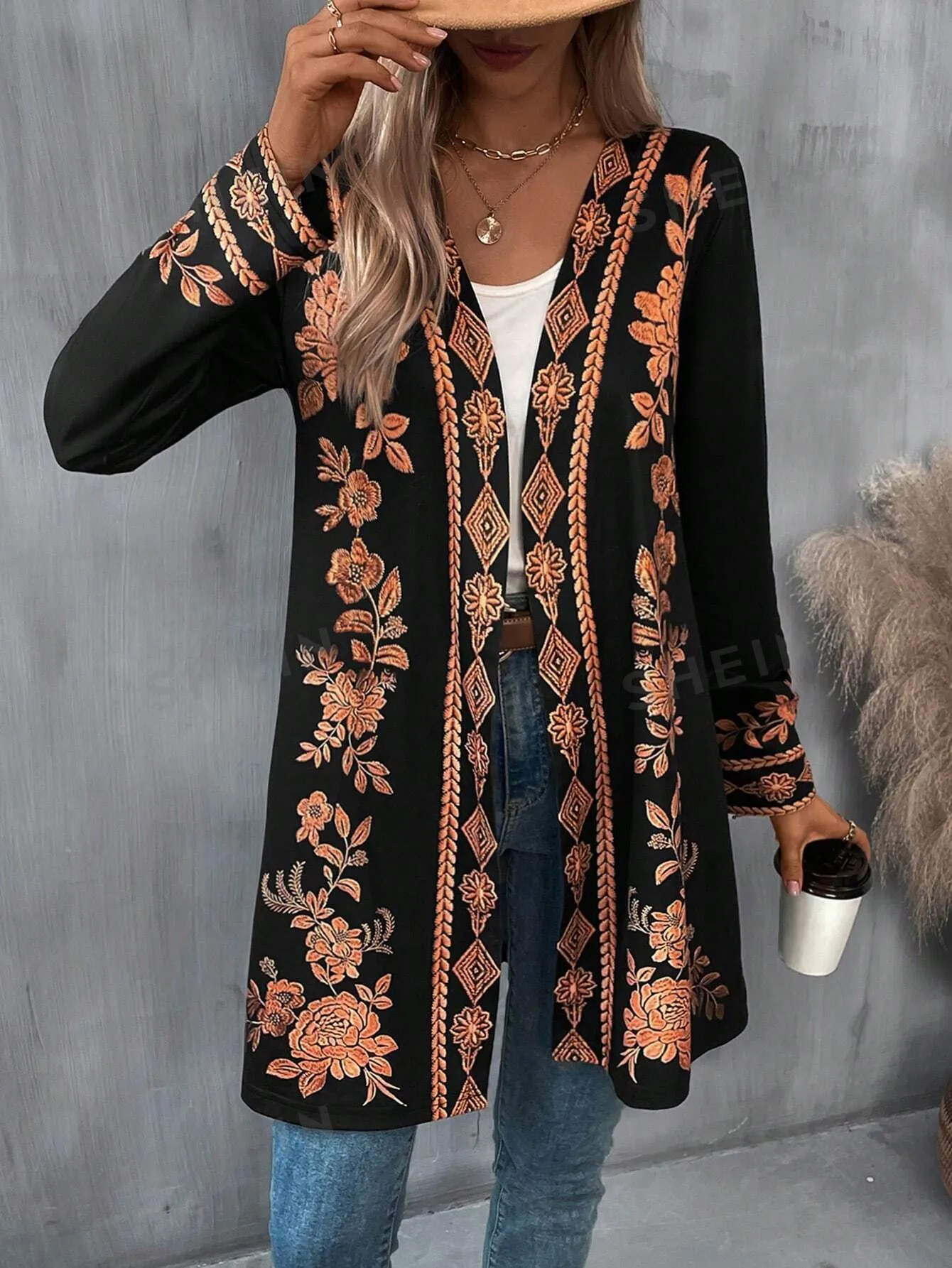 LUNE Floral Print Open Front Coat