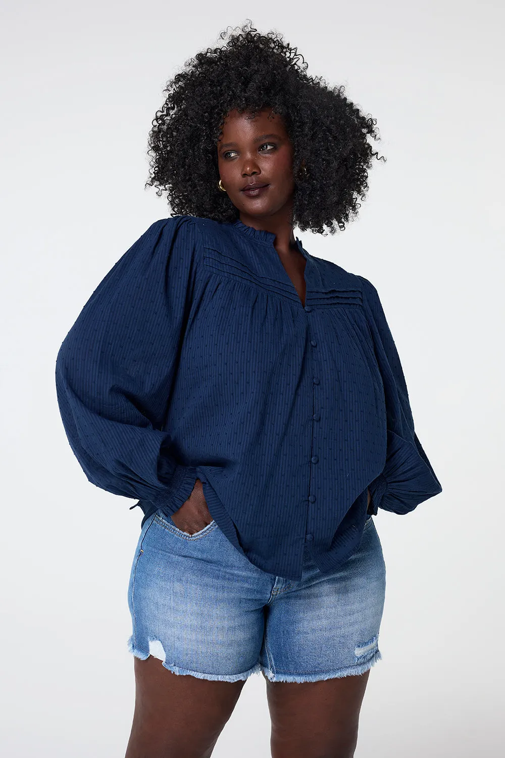 Navy Dobby Frill Neck Blouse