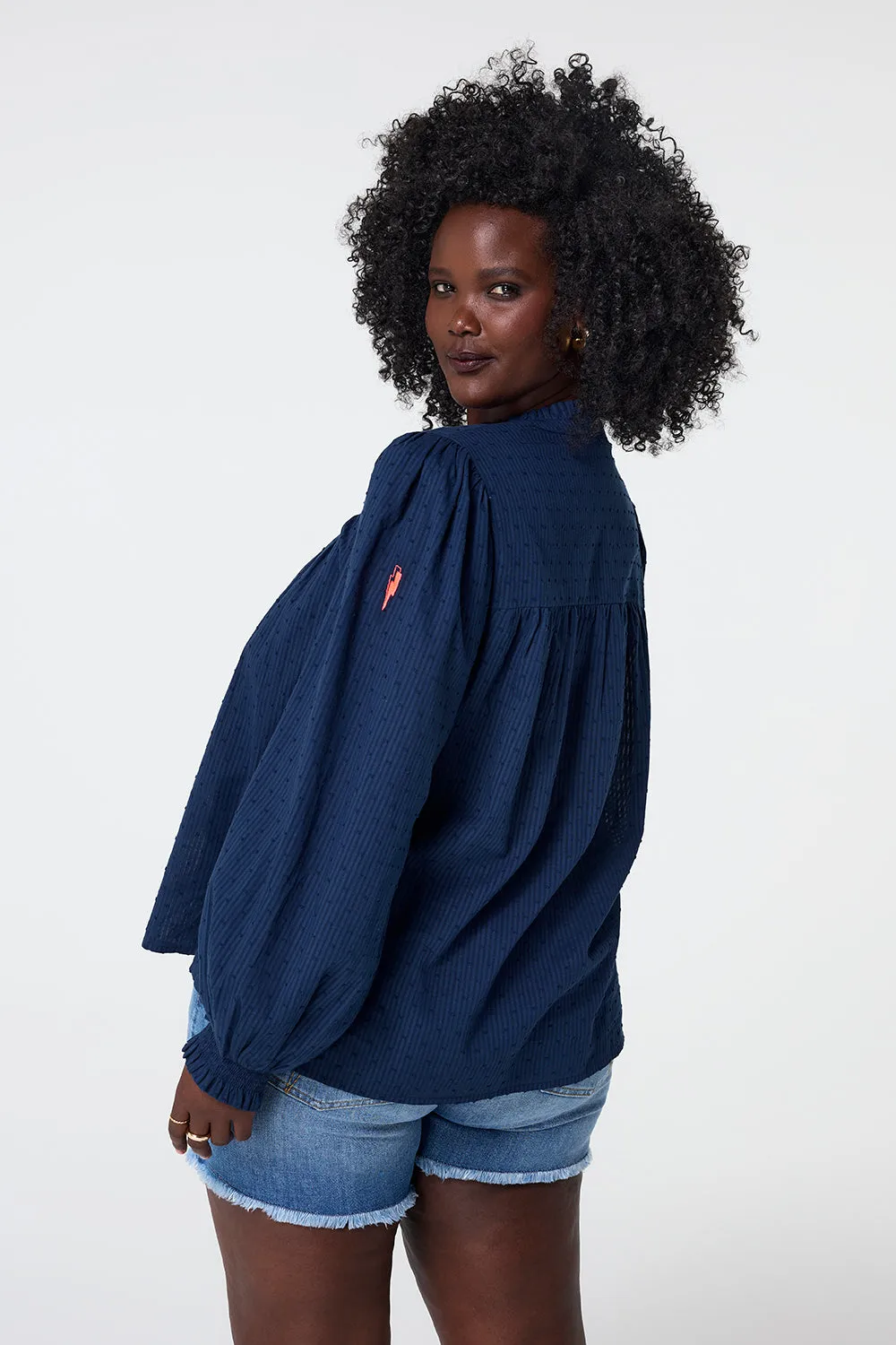 Navy Dobby Frill Neck Blouse