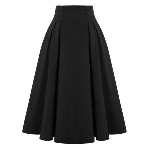 Pleated Buttons Decorated Elastic Waist High Waist Swing A-Line Skirt with Pockets