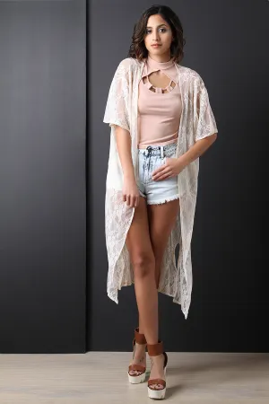 Semi-Sheer Lace Open Front Long Line Kimono