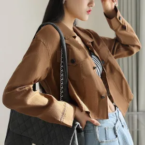 Wjczt Casual Spring New Turn-down Collar Linen Short Women Jackets 2022 Simple Solid Color All Match Button Female Coats