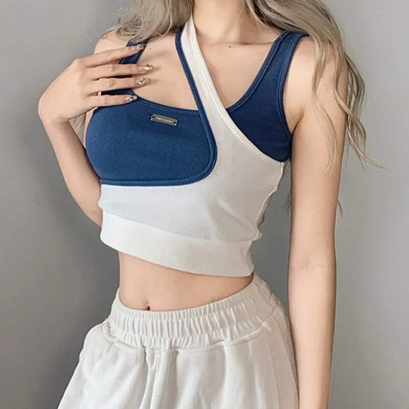 Wjczt Fake Two-piece Vest Top Girls Irregular One Shoulder Slim Fitting Knitted Short Tee Women's New Crop Top Tank Tee Summer