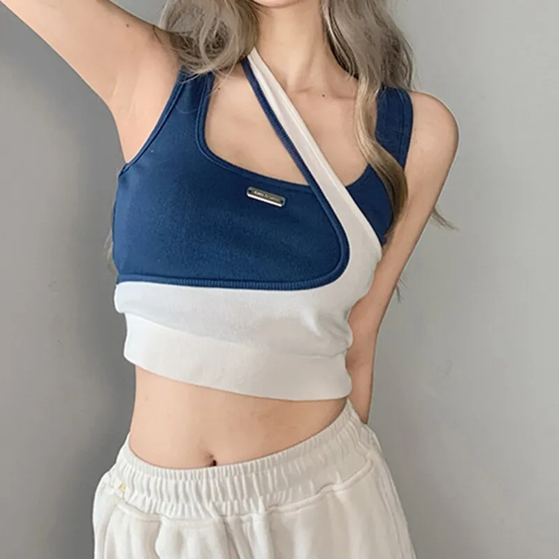 Wjczt Fake Two-piece Vest Top Girls Irregular One Shoulder Slim Fitting Knitted Short Tee Women's New Crop Top Tank Tee Summer